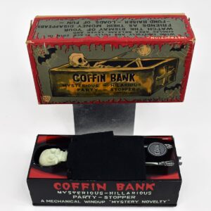 Vintage Yone SKELETON COFFIN COIN BANK Wind Up Toy