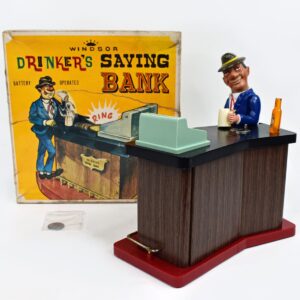 Drinker's Saving Bank Battery Operated Toy Made In Japan by Windsor with Original Box/Coin, 1960s - Uncle Al's Toys